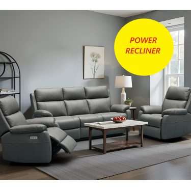 Dark Grey Italian Leather Electric 3 Seater + 2 Armchairs - ABERINO