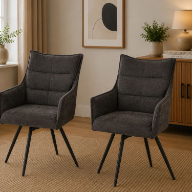 Grey Fabric Carver Swivel Dining Chairs Set of 2 - LEW