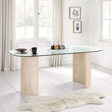 Clear Glass/ Cream Marble Effect Dining Table - MODE